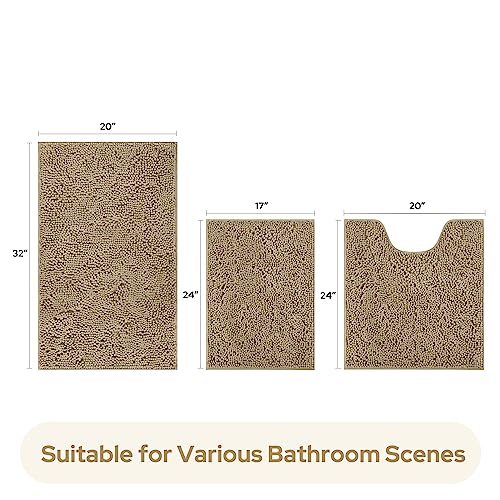 HOMEIDEAS 3 Pieces Bathroom Rugs, Ultra Soft Non Slip Absorbent Chenille Toilet Bath Mat Set (Taupe) - color: Brown-taupe, size: 17"x24"+20"x32"+U Shape 20"x24"
