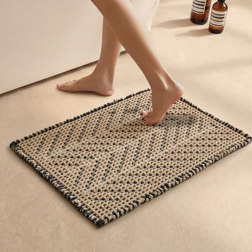 Sunfly Waffle Bath Mat, Boho Bathroom Rugs Non Slip Washable Super Absorbent Quick Dry Bath Mat Farmhouse Bathroom Decor, 16"x24" Black &Khaki - color: Black &Khaki, size: 1'4" x 2' (Rectangular)