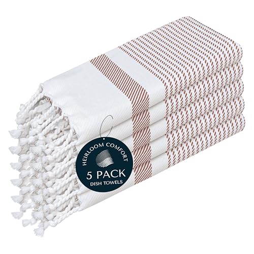 Brown Turkish Kitchen Towels 16x26 Inch, 5 Pack, 100% Cotton, Ultra Absorbent, Soft, Fast Dry, Machine Washable, Dish Towel with Tassels for Drying Dishes, Cleaning, Everyday Use - color: Brown, style: 5 Pack