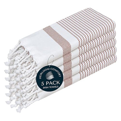 Brown Turkish Kitchen Towels 16x26 Inch, 5 Pack, 100% Cotton, Ultra Absorbent, Soft, Fast Dry, Machine Washable, Dish Towel with Tassels for Drying Dishes, Cleaning, Everyday Use - color: Brown, style: 5 Pack