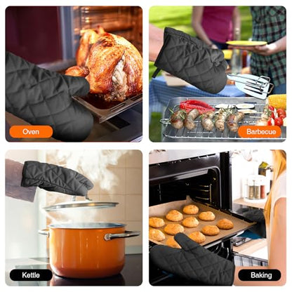 Silicone Oven Mitts, Heat Resistant 2PCS Oven Mitts with Soft Cotton Lining, Waterproof Non-Slip Grip Oven Glove, Kitchen Potholder Mits for BBQ, Baking, Cooking, 10.5Inch - Dark Black - color: Dark Black