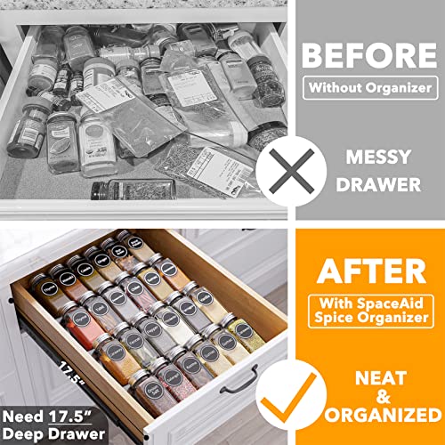 SpaceAid Spice Drawer Organizer with 24 Spice Jars, 386 Spice Labels, 4 Tier Seasoning Rack Tray Insert for Kitchen Drawers, 11.25" Wide x 17.5" Deep - size: 24 Jars, 11.25" Wide