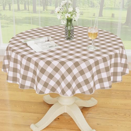 Smiry Plastic Table Cloth, Waterproof Vinyl Tablecloth with Flannel Backing, Wipeable Buffalo Plaid Table Cover for Picnic, Indoor and Outdoor (Khaki & White, 60" Round) - color: Khaki & White, size: 60" (Round)