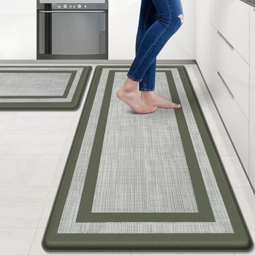 Mattitude Kitchen Mats Set of 2,Cushioned Anti-Fatigue Non-Skid Rug Sets | Ergonomic Comfort PVC Kitchen Mats for Floor,Soft Standing Mat for Kitchen,Floor,Office,Sink,Laundry, Green Frame - color: Green Frame, size: 17.3" x 47 "+ 17.3" x 29 "--0.47 inche