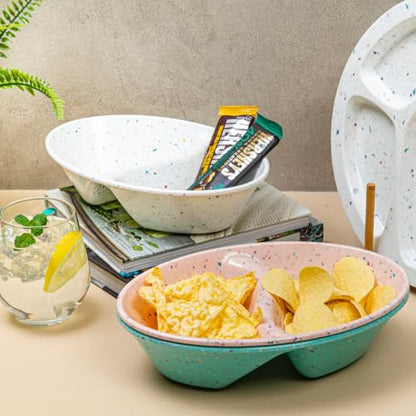 Confetti Divided Bowl Set of 2, 100% Melamine BPA-Free Stackable Unbreakable Bowls with Two Compartments, Ideal for Snacks, Chips & Dips, Cereal, Dishwasher-Safe Color: Green - color: Confetti Green