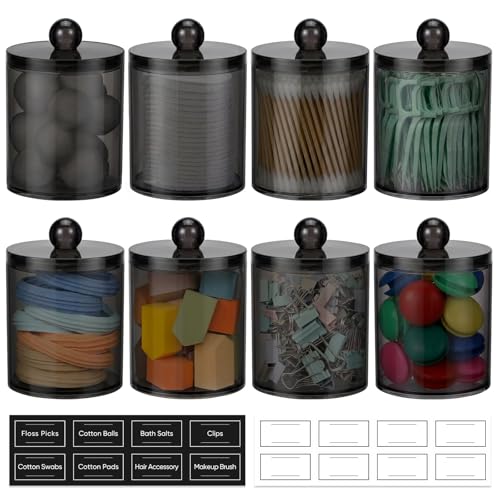 8 Pack Acrylic Qtip Holder Dispenser for Cotton Swabs, Balls, Floss Picks | Thick, Clear Black, w/ Labels - Small Canister Apothecary Jar Set, Bathroom Decor Essentials, Shelf Vanity Storage Organizer - color: Black-8 Pack