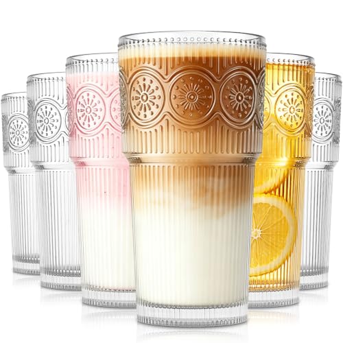 SoulTimes 20oz Drinking Glasses Set of 6, Large Thick Glass Cups Vintage Glassware for Water, Juice, Iced Coffee, Whiskey, Tea, Matcha, etc. Ribbed Everyday Glass Tumbler Dishwasher Safe-Gift Ideas - color: 20oz
