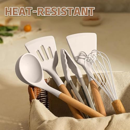 Umite Chef Food Grade Thickened Silicone (Stainless Steel Core) Kitchen Gadgets Tools Set - Kitchen Cooking Utensils Set, Heat Resistant Kitchen Spatula Tools Set - color: Khaki
