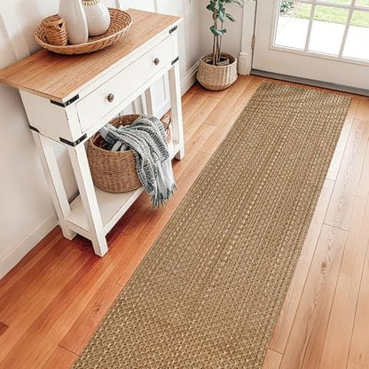 Tan Brown Boho Faux Jute Runner Rug 2x10 ft,Braided Farmhouse Non Slip Rug | Washable solid neutral carpet, suitable for entryway, kitchen, bathroom, living room and bedroom - size: 2' x 10' (Rectangular)