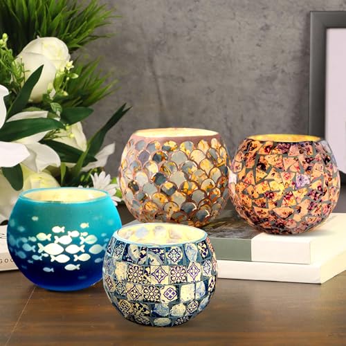 Mosaic Glass Tea Light Holders Romantic Votive Candle Holder (L) | Round Handmade Tealight Candle Holder, for Table Centerpieces, Christmas, Party, Home Decor