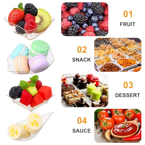 200 Pcs Mini Appetizer Plates Dessert Cups Set, Plastic Party Trays | Disposable Tasting Serveware for Weddings Events Birthday, Gold,6 Shapes with 50 Spoons 50 Forks 100 Plates,Lightweight