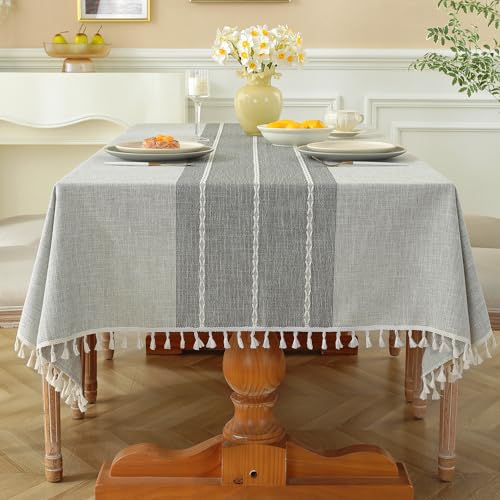 Laolitou Rustic Cotton Linen Table Cloth,Tablecloths for 6 Foot Rectangle Tables,Waterproof Washable Tablecloth with Tassel Rectangle/Oblong, 55''x 86'', 6-8 Seats - color: Gray Lines, size: 86" x 55" (Rectangular)