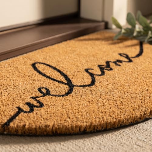 Half-Moon Welcome Doormat | 100% Natural Coir | Modern Script, Anti-Slip Backing | Semicircle Outdoor Front Door Mat - color: Warm Greeting - Arc