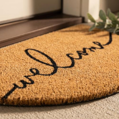 Half-Moon Welcome Doormat | 100% Natural Coir | Modern Script, Anti-Slip Backing | Semicircle Outdoor Front Door Mat - color: Warm Greeting - Arc