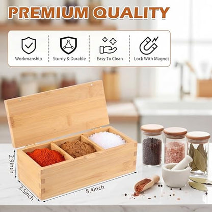Bamboo Salt Cellar Spice Box with Magnetic Lid 29oz Large Capacity Salt Organizer 3 Compartments for Kitchen Countertop, Pepper, Seasonings, Spices, Grilling & Cooking - color: Bamboo, style: 3 Compartments