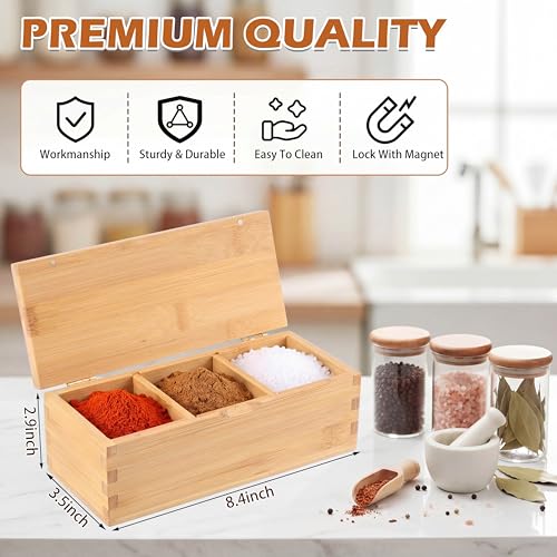 Bamboo Salt Cellar Spice Box with Magnetic Lid 29oz Large Capacity Salt Organizer 3 Compartments for Kitchen Countertop, Pepper, Seasonings, Spices, Grilling & Cooking - color: Bamboo, style: 3 Compartments
