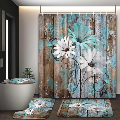 JAWO 4 Piece Teal Daisy Flower on Rustic Wooden Plank Country Style Shower Curtain Sets with Non-Slip Rugs, Toilet Lid Cover and Bath Mat, Shower Curtain with 12 Hooks - color: Teal-01, size: 5'10" x 5'10" (Rectangular)