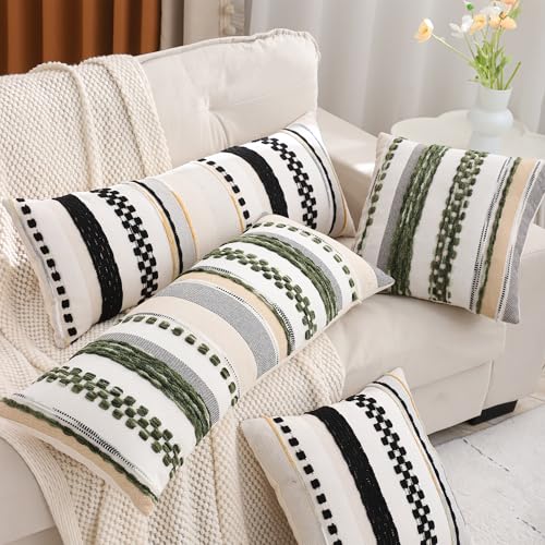 Dark Green Boho Lumbar Throw Pillow Cover 14x36 | 1 Piece,Durable Fabric,Stripe Pillow Cover,Farmhouse Cushion Case,Chenille Pillow Case,Neutral Pillowcase for Sofa Couch Bed - color: Dark Green Stripe, size: 36" x 14" (Pack of 1)