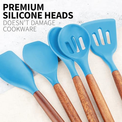 Zulay Kitchen 5 Piece Silicone Utensil Set | Non-Stick Silicone Cooking Utensils Set with Acacia Wood Handles - 464°F Heat Resistance Kitchen Utensils Set - Blue - color: Blue, size: 5-Piece Set