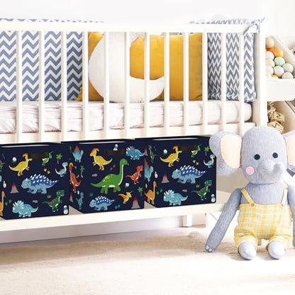Clastyle 11.8" Dinosaur Storage Basket Set of 3 for Kid Boy Toy Clothes Bin | Collapsible Fabric Book Bin, Metal Frame Bottom Board, Cube Organizer, Closet Nursery Pantry Shelf Bedroom, Black Dino - color: Black