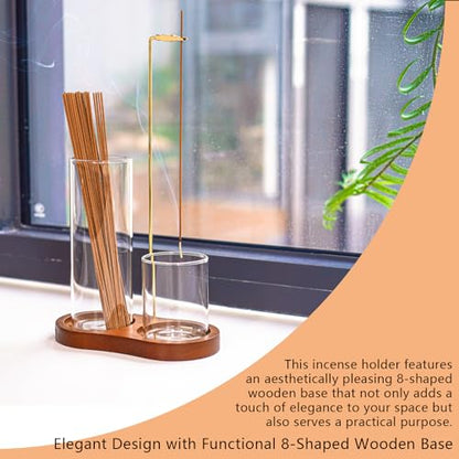 Modern 2-in-1 Incense Holder with Glass Ash Catcher, Featuring a Wood Tray, Metal Rod & 2 Glass Cups for Organized Burning. Perfect for a Clean Desk, Zen Meditation, Yoga and Home Decor