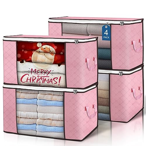 90L Large Storage Bags, 4 Pack Clothes Storage Bins Closet Organizers | Foldable Storage Containers, with Reinforced Handle, for Clothing, Blanket, Comforters, Bed Sheets, Pillows and Toys - color: Pink, size: 4 Pack