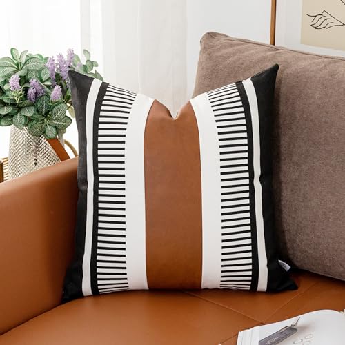 Farmhouse Throw Pillow Covers for Couch Sofa Decorative Faux Leather Square Cushion Cover Tribal Stripe Accent Pillow Case 20 x 20 Inch, Black - color: Black, size: 20" x 20" (Pack of 1)
