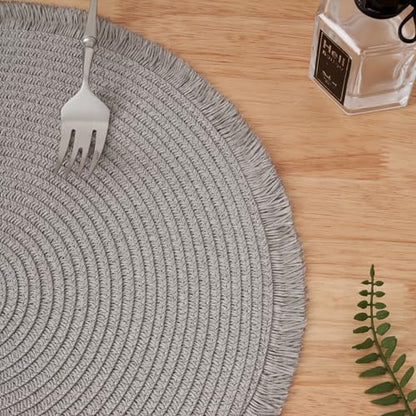15 Inch Set of 6 Round Braided Woven Placemats Wipeable Paper Heat Resistant Table Mats with Fringe Tassel Boho Indoor Outdoor Table Placemats for Dining Tables (Grey) - color: Gray