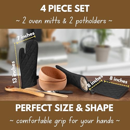 Native Fab Pot Holders and Oven Mitts Sets for Kitchen Heat Resistant - Hanging Non-Slip - 100% Cotton Kitchen Oven Mitts and Pot Holders 4-Piece Set - Black - color: Black