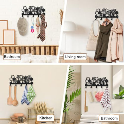 MAYJOYDIY Bee Beehive Metal Key Hook Honey Bee Flowers Coat Rack Wall Mounted 9.8×4.7inch Honeycomb Insect Black Art Key Holder with 5 Hooks for Gift Kitchen Bathroom Clothes Storage - style: Bee Beehive