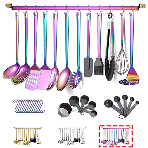Rainbow Cooking Utensils Set, Kyraton Stainless Steel 37 Pieces Kitchen Utensils Set with Titanium Colorful Plating, Kitchen Tool Gadgets Set with Utensil Rack Heat Resistant Dishwasher Safe - color: 3.37 piece rainbow set