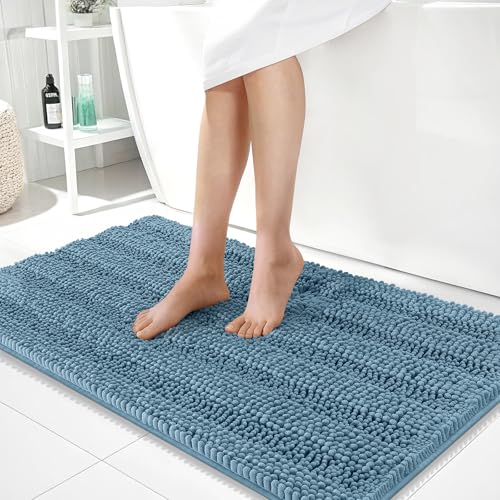 OLANLY Thick Large Bathroom Rugs 40x24, Soft Chenille Bath Rugs, Airy Blue | Absorbent Striped, Rubber Backing, Machine Wash Dry, Bath Mats for Bathroom Floor, Tub and Shower, Home Decor Accessories - color: Airy Blue, size: 40" X 24"