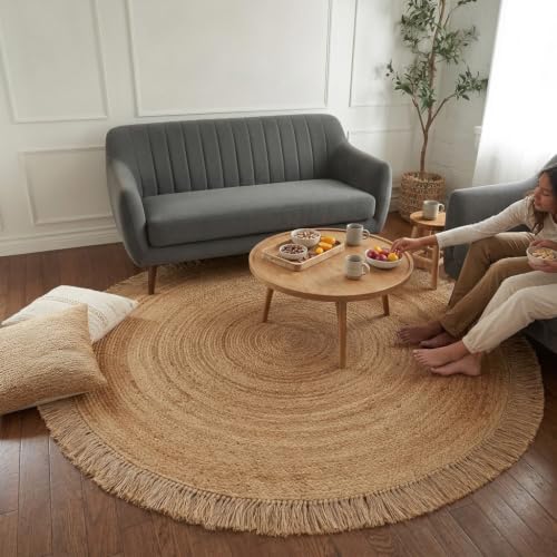 Hand Woven Jute Round Rug, Natural Reversible Boho Area Rug for Entryway, Kitchen, Living Room and Bedroom I Farmhouse Indoor Floor Rug - 8ft, Circular - size: 8' (Round)