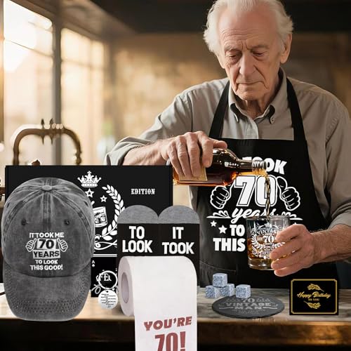 70th Birthday Gifts for Men Whiskey Glass Set, 70th Birthday Party Supplies with 11 Oz Whiskey Glass Coaster Stone Baseball Cap Apron Sock Toilet Paper Keychain for Him, Dad, Husband, Friends - style: 70th Birthday