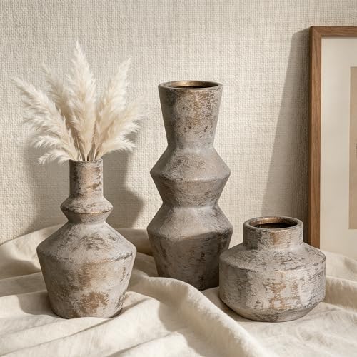 DREAMLOOM Modern Modern Ceramic Vase Set of 3, Classic | Funnel Shaped, Farmhouse Rustic, Pampas Grass, Home Decor, Living Room Bedroom Kitchen Shelf Centerpiece - color: Antique Bronze - Funnel-shaped