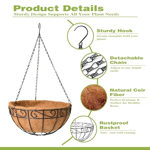 4 Pack 14 Inch Hanging Baskets for Plants Outdoor Metal Hanging Planter Hanging Flower Baskets with Coco Fiber Liners Chain Round Wire Plant Holder Hangings Flower Pots(Plaid) - size: 14 Inch, style: Plaid