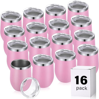 Remagr 16 Pack Stainless Steel Wine Tumblers 12 oz Insulated Vacuum Wine Cup Set Double Wall Stainless Steel Stemless Mug Glasses for Coffee Soda Whiskey Outdoor Travel (Pink) - color: Pink