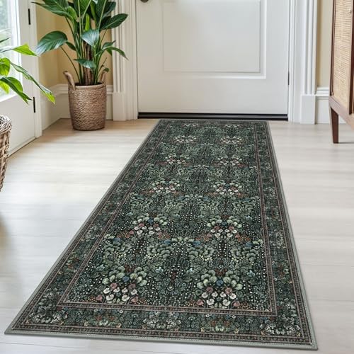 SIILOOM 2x5 Washable Runner Rug, Non Slip Soft Area Rug for Hallway Kitchen | Dark Green(Modern) Boho Vintage Floral Door Mat Indoor Floor Carpet for Entryway Front Backdoor Bedside Bedroom, Easy Clean - color: Dark Green(modern), size: 2' x 5' (Runner)