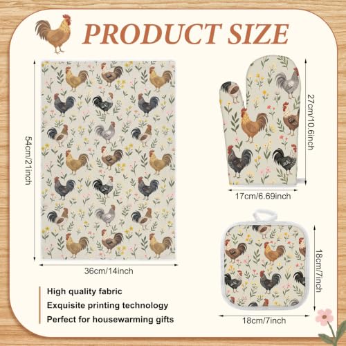 Frienda 6 Pcs Rooster Kitchen Towels Oven Mitts and Pot Holders Set | Farmhouse Kitchen Decor Dish Towels Pot Holders for Christmas Mom Her Lady Owner Baking Accessories Stuff Gifts - style: Farmhouse Chicken