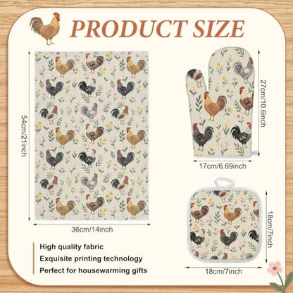 Frienda 6 Pcs Rooster Kitchen Towels Oven Mitts and Pot Holders Set | Farmhouse Kitchen Decor Dish Towels Pot Holders for Christmas Mom Her Lady Owner Baking Accessories Stuff Gifts - style: Farmhouse Chicken