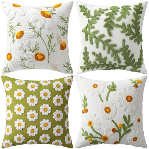 Fourluoo 4 Pcs Daisy Embroidered Throw Pillow Covers 18x18 Daisy Decorative Pillow Cover with Zipper Spring Floral Tufted Cushion Pillowcase for Bed Couch Sofa Living Room - style: Daisy
