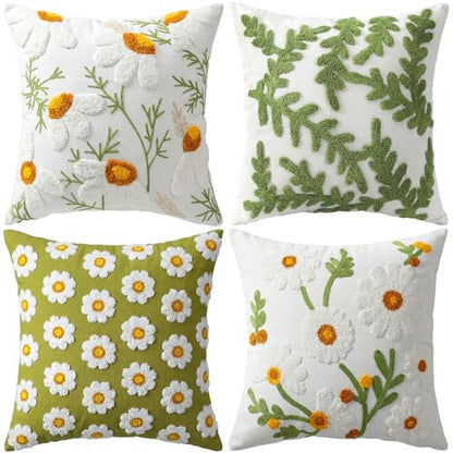 Fourluoo 4 Pcs Daisy Embroidered Throw Pillow Covers 18x18 Daisy Decorative Pillow Cover with Zipper Spring Floral Tufted Cushion Pillowcase for Bed Couch Sofa Living Room - style: Daisy