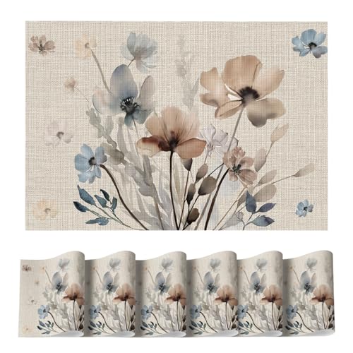Artoid Mode Brown Poppy Floral Vinyl Spring Placemats Set of 6, Wipeable Plastic Woven PVC Table Mats for Party Kitchen Dining Decor, 12x18 Inch - size: 12" x 18", Rectangular Set of 6