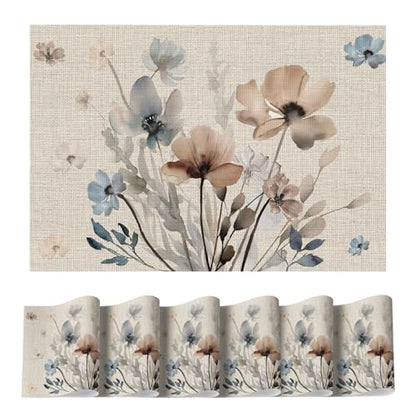 Artoid Mode Brown Poppy Floral Vinyl Spring Placemats Set of 6, Wipeable Plastic Woven PVC Table Mats for Party Kitchen Dining Decor, 12x18 Inch - size: 12" x 18", Rectangular Set of 6
