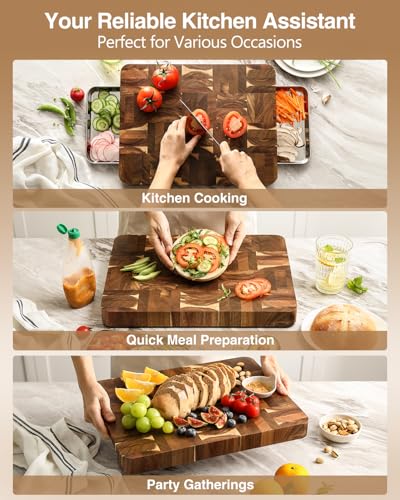 XINZUO Large Thick End Grain Acacia Wood Cutting Board -(16‘’L x 12''W x 1.6''T)-Dark Wood Cutting Board,Reversible Wooden Chopping Board with Non-Slip Feet-Catches Food and Waste-Giftbox - size: 16"L x 1"W