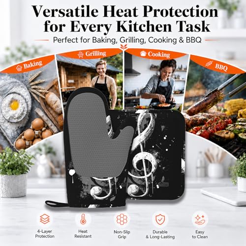 Black Notes Oven Mitts and Pot Holders Sets Non-Slip Silicone Surface for BBQ Gloves,Kitchen,Cooking,Baking,Grilling,BBQ - color: Black Notes