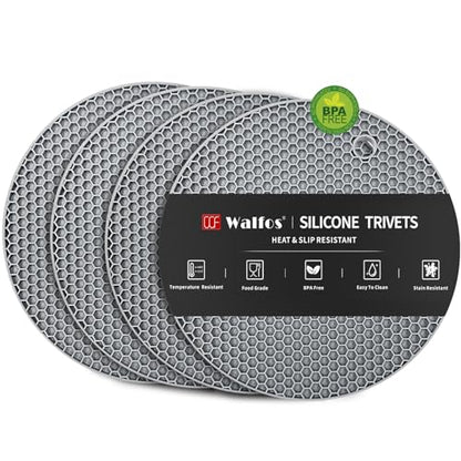 Walfos Silicone Trivet Mats - 4 Heat Resistant Pot Holders, Multipurpose Non-Slip Hot Pads for Kitchen Potholders, Hot Dishers, Jar Opener, Spoon Holder, Food Grade Silicone & BPA Free (Round) - style: 7in, 4 Grey Round