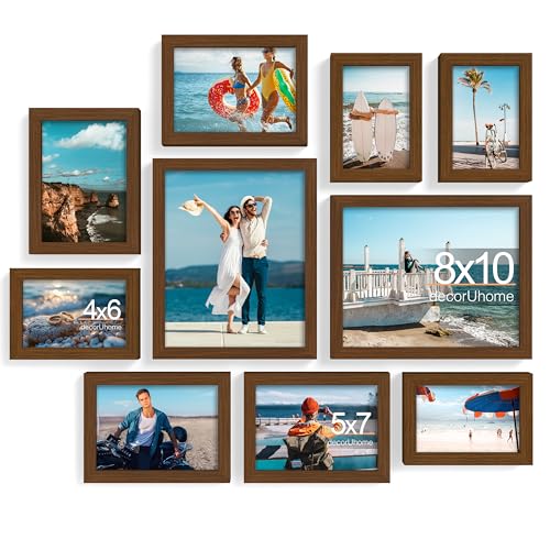 decorUhome 10 Pack Assorted Picture Frame Set for Wall & Tabletop, P0710BN | Brown, Multi Size Picture Frame Includes Two 8x10 / Four 5x7 / Four 4x6 for Family Gallery Wall - color: Brown