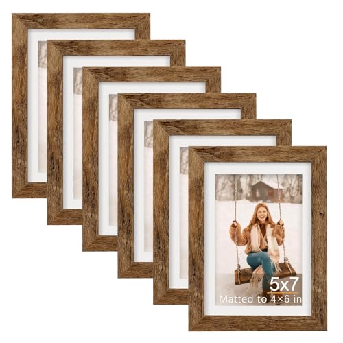 TOFOREVO 5x7 Picture Frames with 4x6 Mat Set of 6, Rustic Brown | Wood Grain Design, Wall Mounting or Tabletop Display, for Christmas Mother's Day Father's Day birthday - color: Rustic Wood, size: 5x7