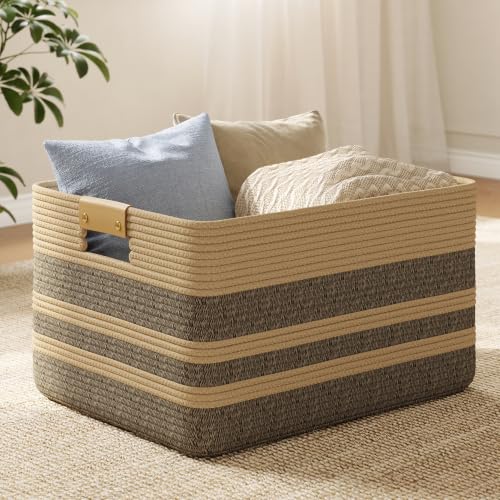 Nunsino 75L Woven Blanket Basket with Leather Handles, Cotton Rope Laundry Basket Hamper,Decorative Nursery Basket Toy Storage Basket for Kids, Living Room, Bedroom, Bathroom,Dark Brown - color: Dark Brown, size: 75L